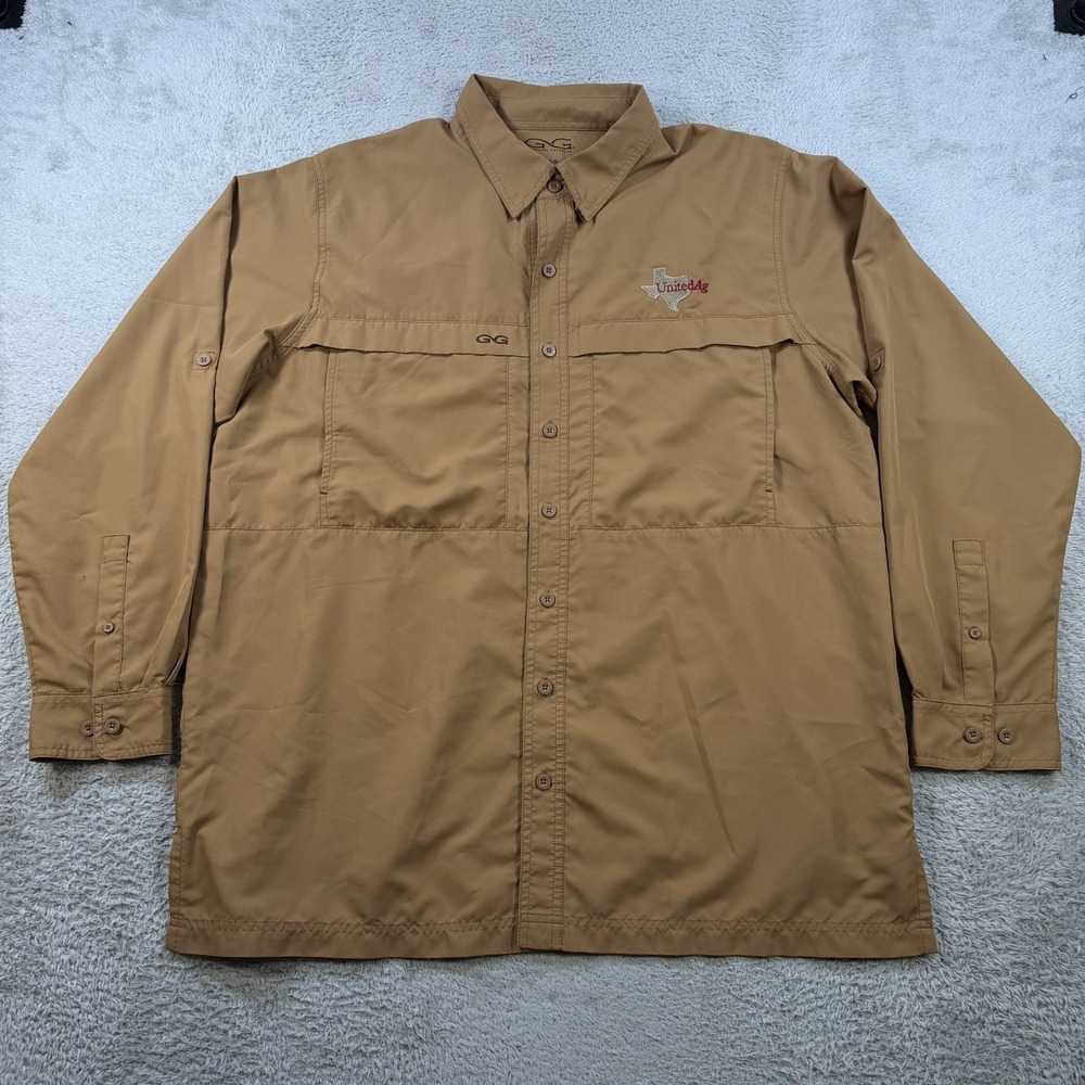 Game Guard Shirt Mens XL Khaki Tan Long Sleeve Vented Fishing Outdoor UPF Sun